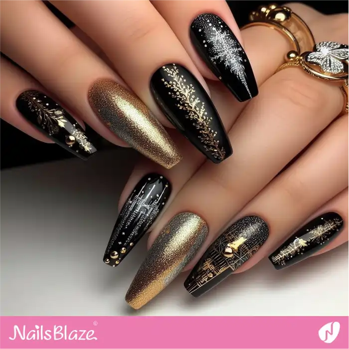 New Year's Black and Gold Nails Design | 2024 Nails - NB3705